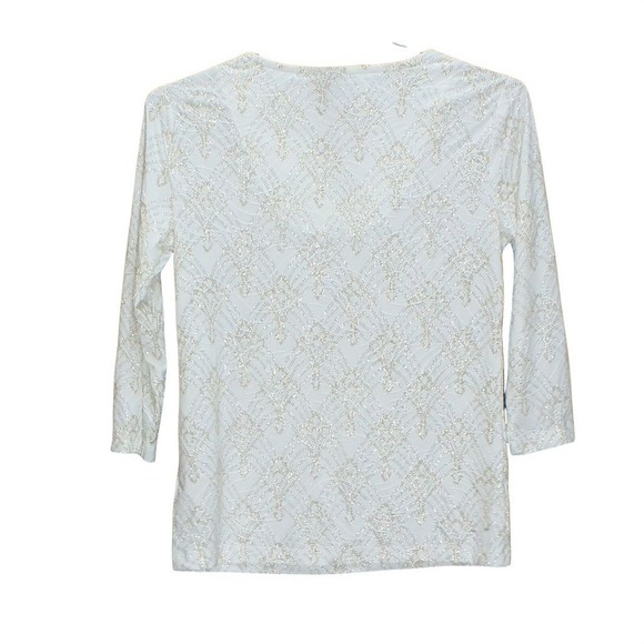 JM Collection Petite Keyhole Jacquard Top Eggshell Silver Combo PP - Picture 3 of 3